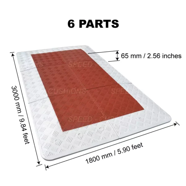 The detailed dimensions of a 6-part red and white Belgium road cushion made from the speed cushion factory