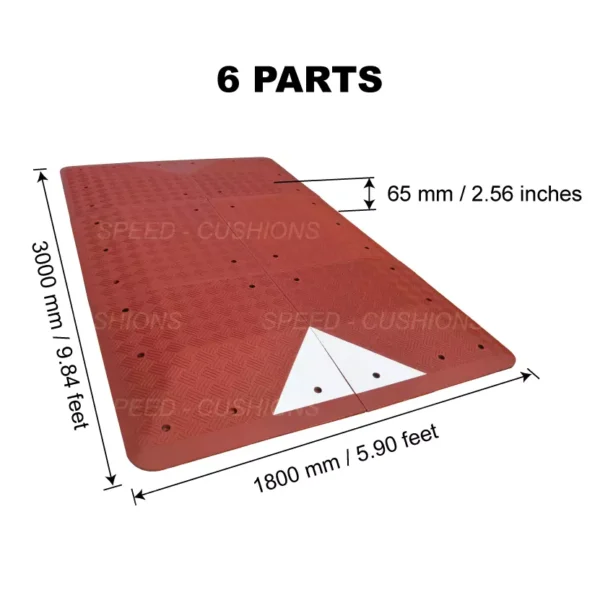 The detailed speed cushion dimensions of a 6-part red and white UK traffic cushion made from the speed cushion factory