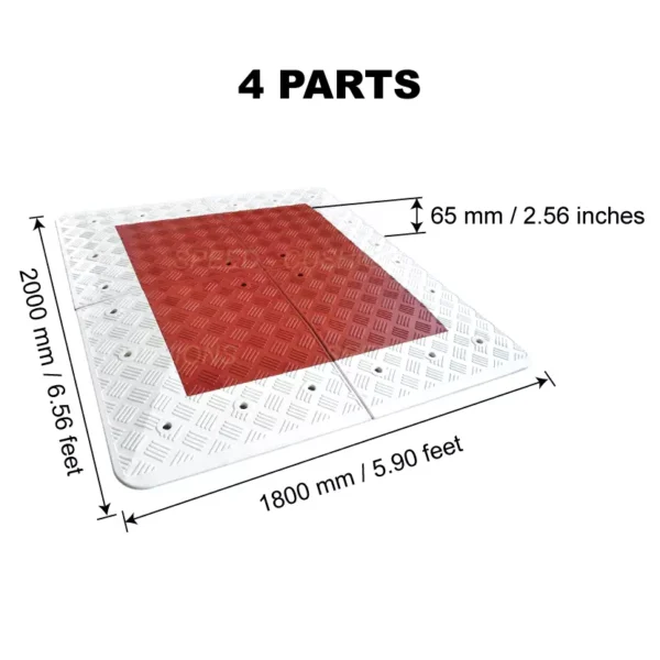 The detailed dimensions of a 4-part red and white Belgium road cushion made from the speed cushion factory