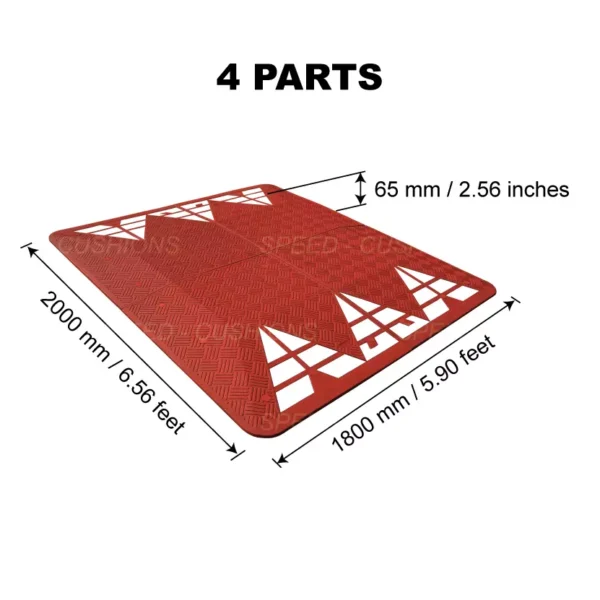 The detailed dimensions of a 4-part red and white Europe speed cushion