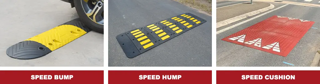 A black and yellow speed bump, a black rubber speed hump with yellow reflective films, and a red rubber speed cushion for traffic-calming purposes.