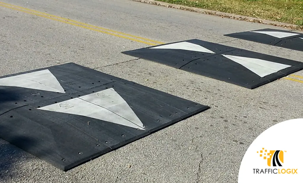 Black and white speed cushions made by Traffic Logix.