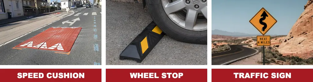 A red rubber speed cushion, a black wheel stop with yellow reflective films, and a traffic sign.