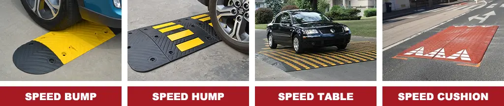 A black and yellow rubber speed bump, speed hump, and speed table, and a red and white speed cushion.