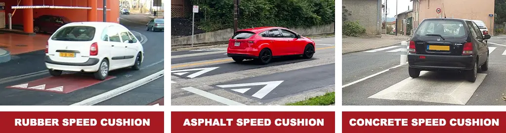 A red and white rubber speed cushion, asphalt speed cushions with white markings, and a concrete speed cushion.