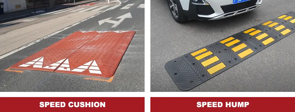 A red rubber speed cushion and a black and yellow speed hump on the road as traffic-calming tools.