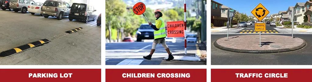 Black and yellow speed bumps in a parking lot, a person holding a stop sign on a children crossing, and a traffic circle.