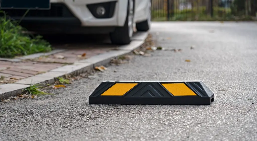 A black rubber wheel stop with yellow glass bead reflective films.