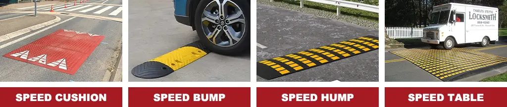 A red and white speed cushion, a black and yellow speed bump, speed hump, and speed table.