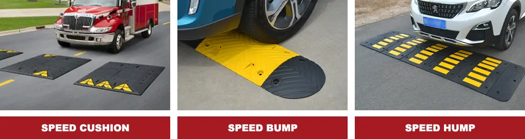 An emergency vehicle is about to pass over black and yellow speed cushions, a black and yellow speed bump, and a rubber speed hump with yellow reflective films.